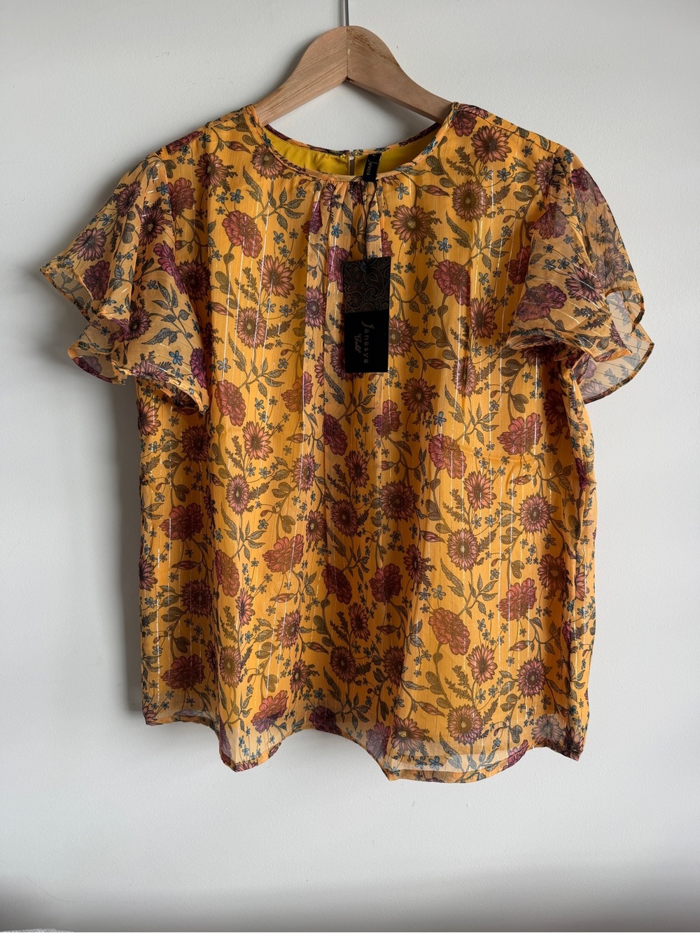 Women’s Floral Ruffle Sleeve Top — Mustard Yellow